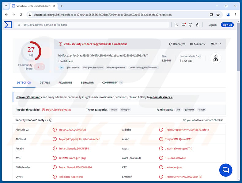 QuimaRAT malware detections on VirusTotal