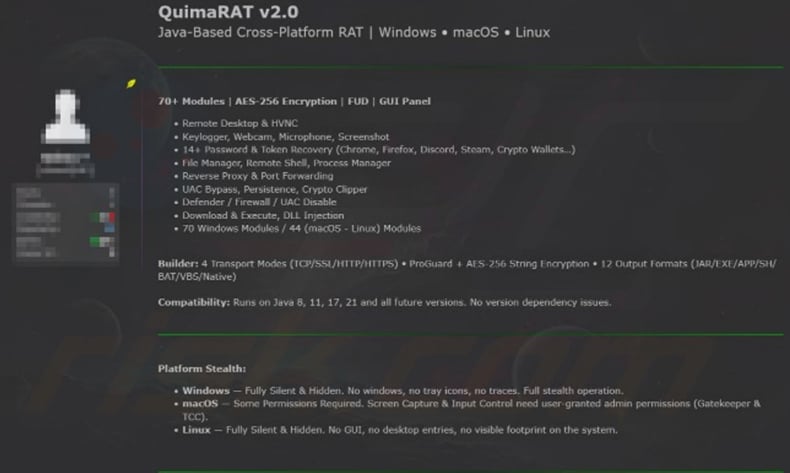 QuimaRAT v2.0 promotional listing