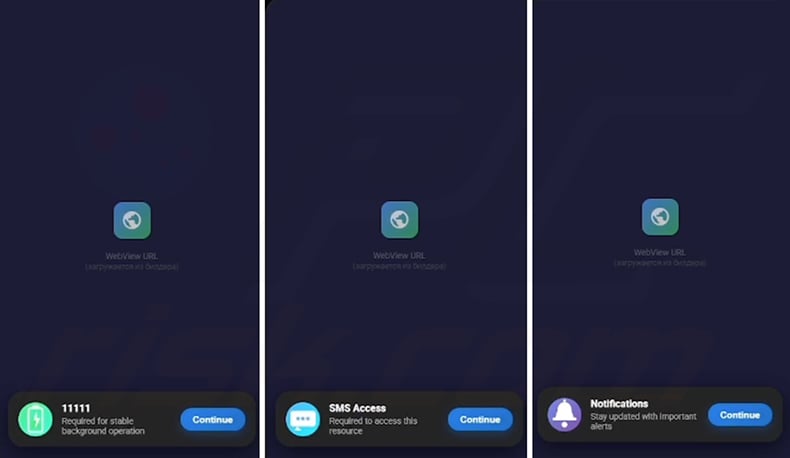 RedWing spyware builder-generated permission request screens for battery optimization bypass, SMS access, and notifications