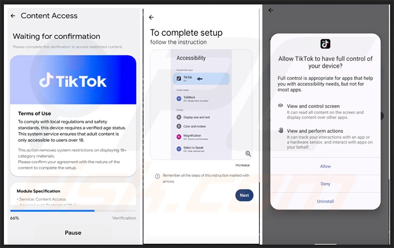Rokarolla malware disguised as a fake TikTok 18+ app requesting Accessibility permissions