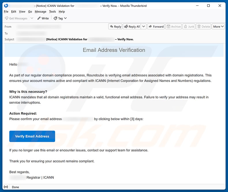 Roundcube Domain Registration Email Verification Scam email spam campaign