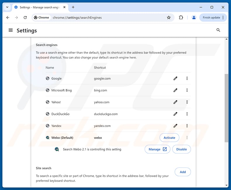 Removing Search Webo (searchwebo.com) from Google Chrome default search engine