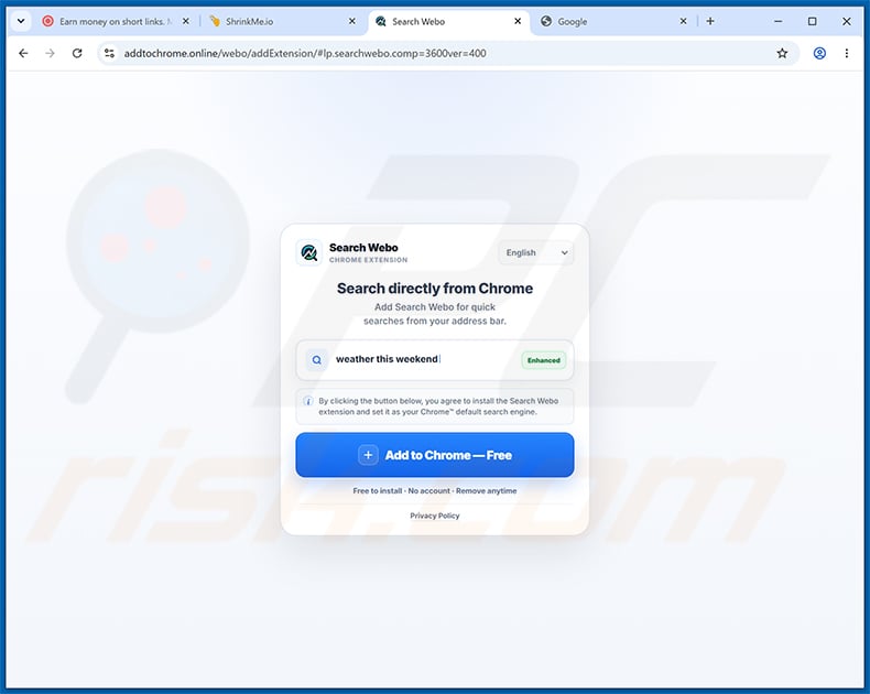 Website promoting Search Webo (searchwebo.com) browser hijacker - sample 2