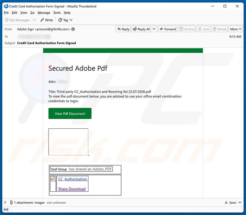 Secure Adobe PDF - Credit Card Authorization email spam campaign