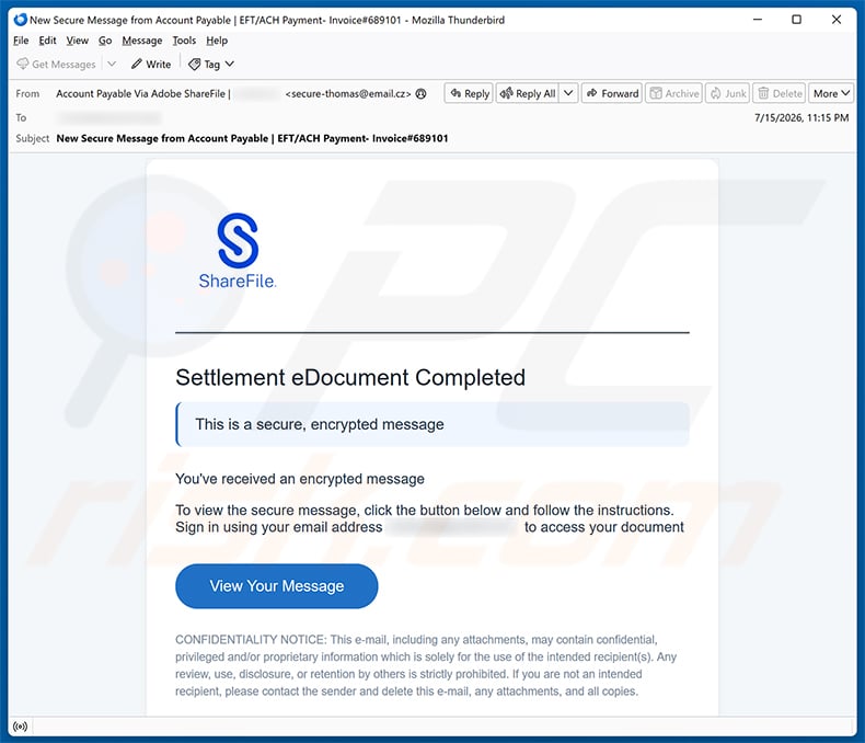 Settlement eDocument Completed email spam campaign