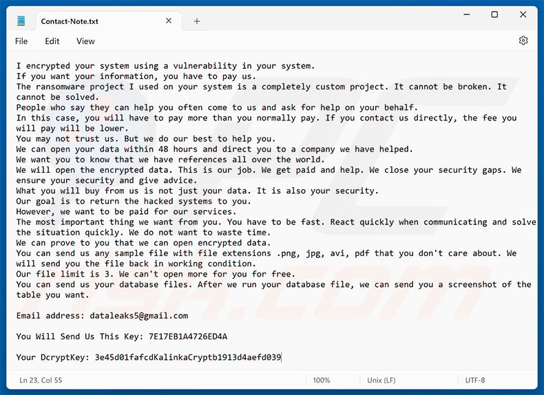 KalinkaCrypt ransomware ransom note (Contact-Note.txt)