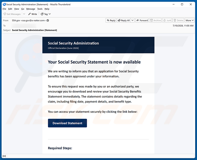 Social Security Administration eStatement Is Available Email Virus (2026-07-13)