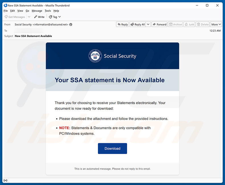 Social Security Administration eStatement Is Available Email Virus (2026-07-14)