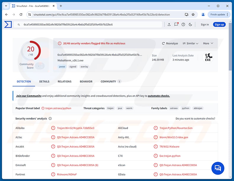 Starland RAT malware detections on VirusTotal