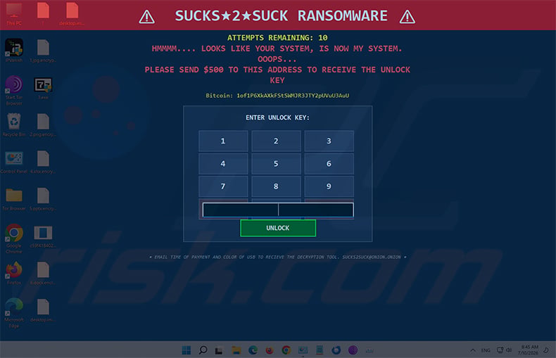 SUCKS 2 SUCK ransomware full-screen lock message