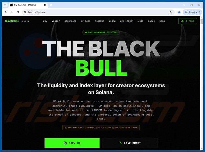 The Black Bull ($ANSEM) Airdrop Scam real website (blackbullsol.com)