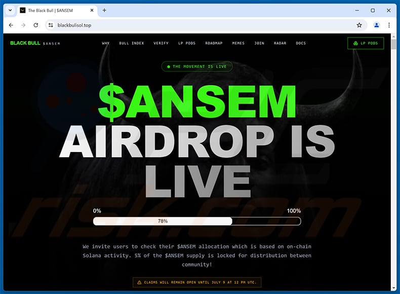 The Black Bull ($ANSEM) airdrop website (blackbulisol[.]top)