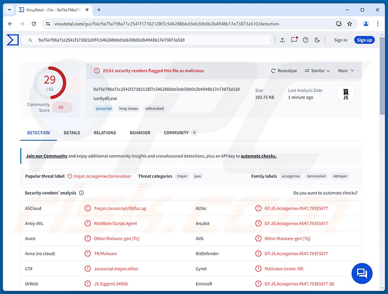 TONResolver RAT malware detections on VirusTotal