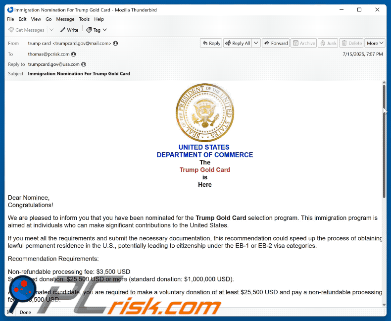 Trump Gold Card Selection Program Nomination email scam (GIF)