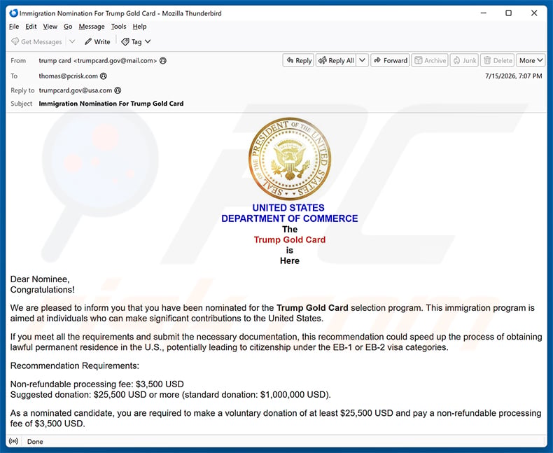 Trump Gold Card Selection Program Nomination email spam campaign