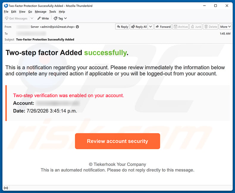 Two-step Verification Was Enabled Email Scam email spam campaign