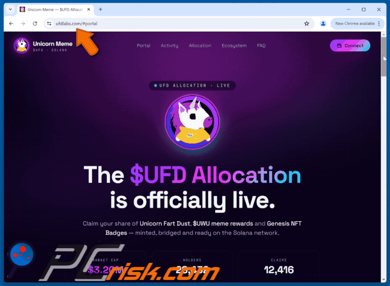 Appearance of Unicorn Fart Dust ($UFD) Allocation Scam (GIF) (ufdlabs[.]com)