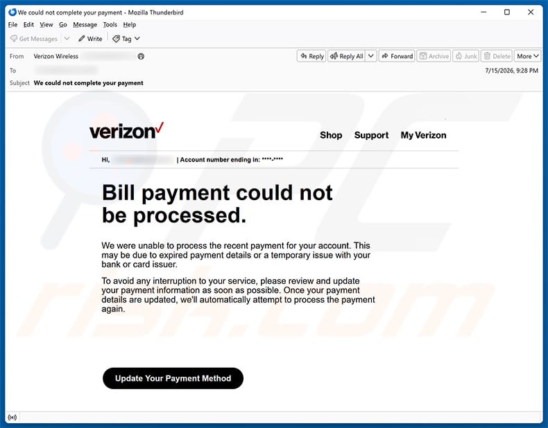 Verizon Bill Payment Could Not Be Processed email spam campaign