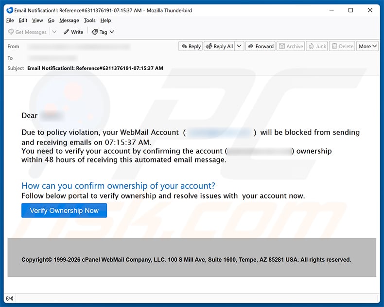 WebMail Account Will Be Blocked Due To Policy Violation email spam campaign