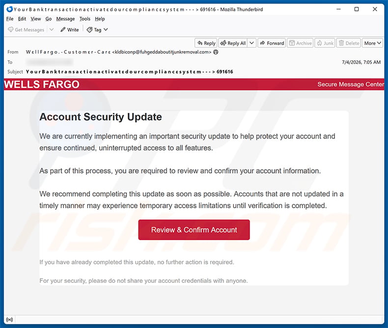 Wells Fargo - Account Security Update email spam campaign