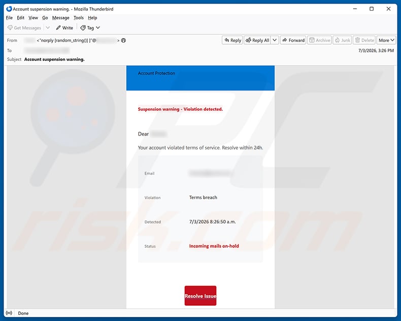 Your Account Violated Terms Of Service email spam campaign