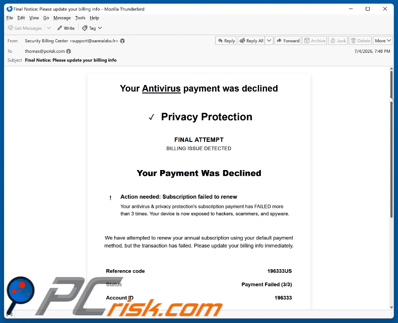 Your Antivirus Payment Was Declined Email Scam (GIF)