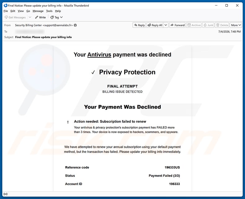 Your Antivirus Payment Was Declined email spam campaign