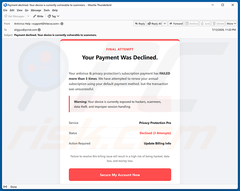 Your Antivirus Payment Was Declined email scam (2026-07-13)