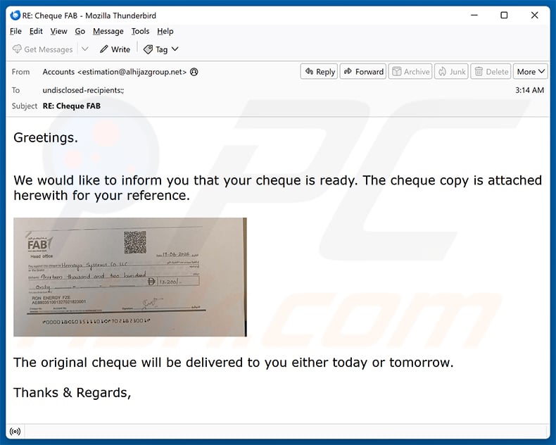 Your Cheque Is Ready email spam campaign