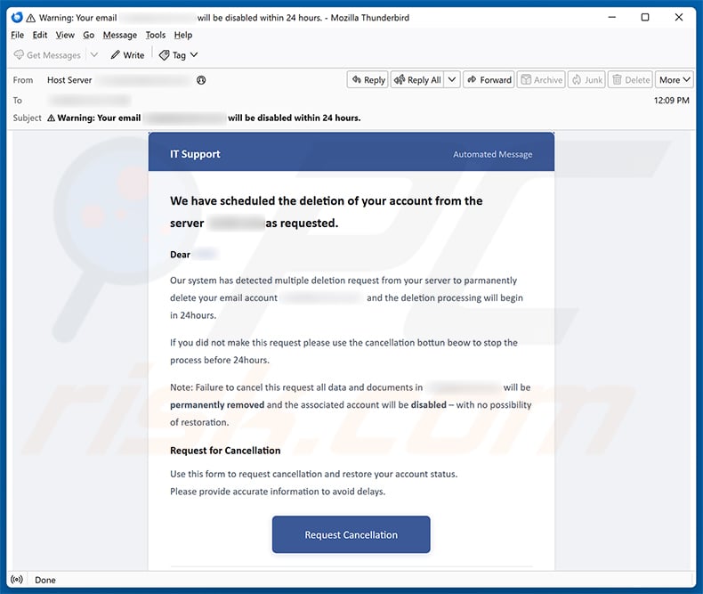 Account Deletion Request Email Scam email spam campaign