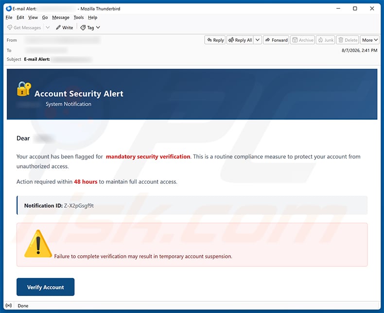Account Security Alert email scam (2026-08-10)