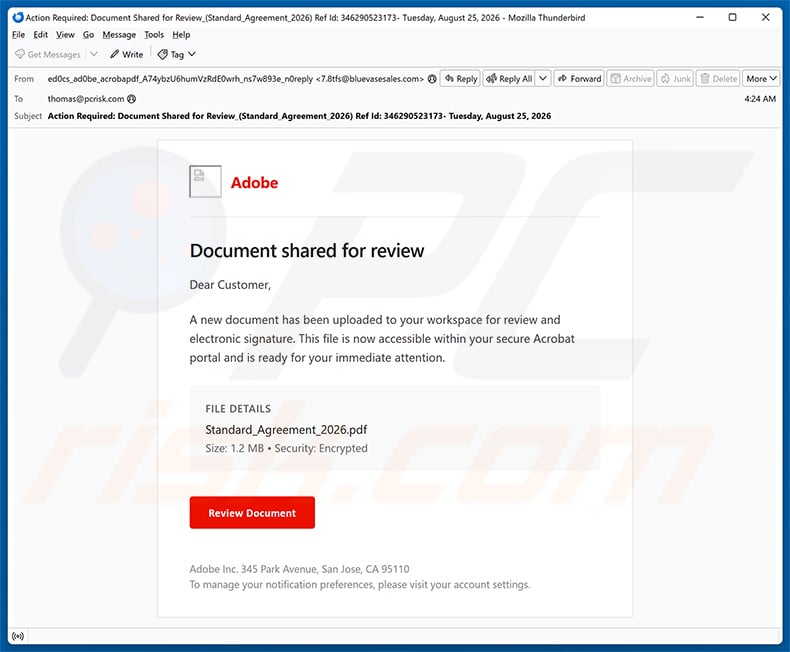 Adobe - A Document For Review And Electronic Signature email spam campaign