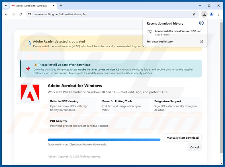 Malicious website promoted through Adobe - A Document For Review And Electronic Signature spam campaign