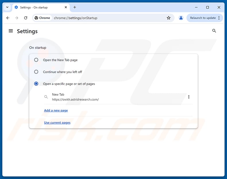 Removing astridresearch.com from Google Chrome homepage