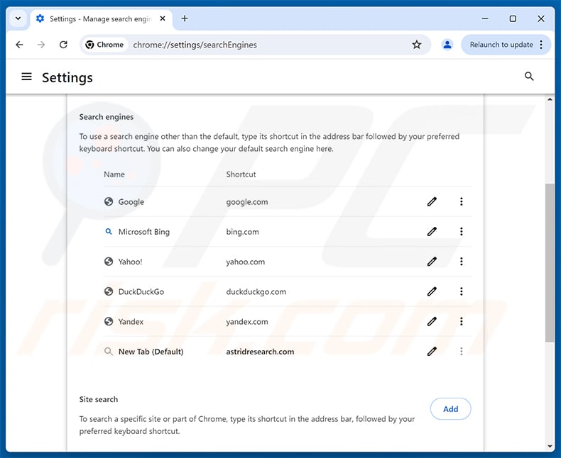 Removing astridresearch.com from Google Chrome default search engine
