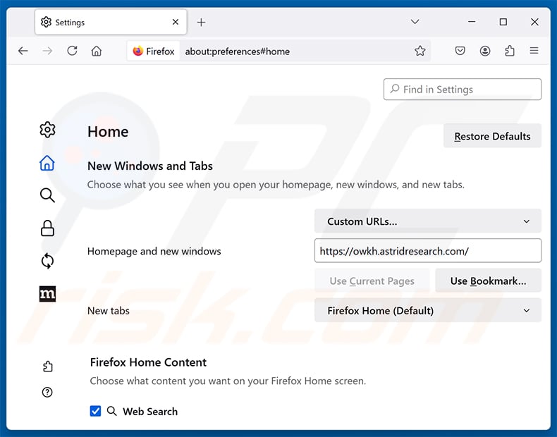 Removing astridresearch.com from Mozilla Firefox homepage