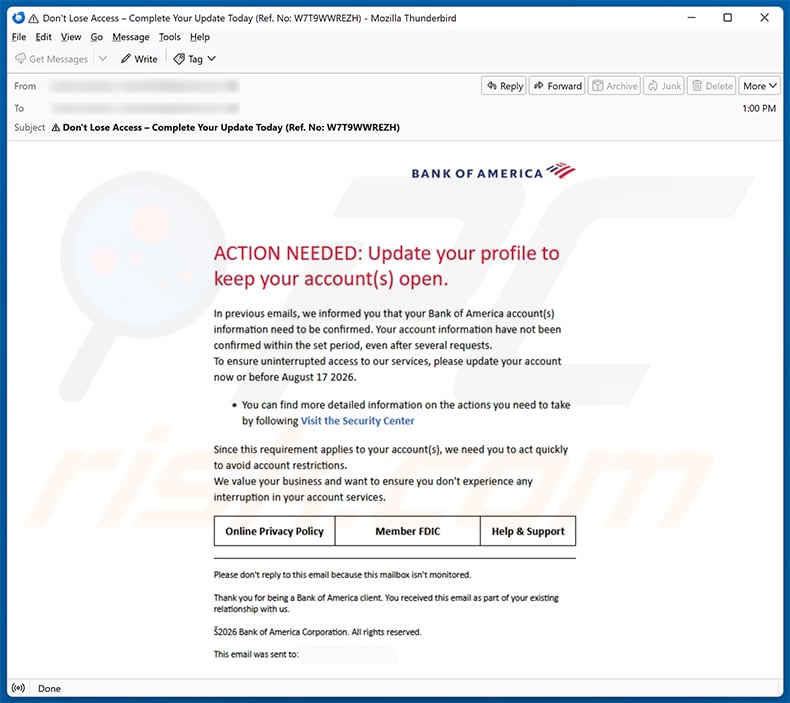 Bank Of America Account Update email spam campaign