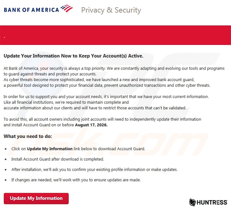 Malicious website promoted through Bank Of America Account Update spam campaign