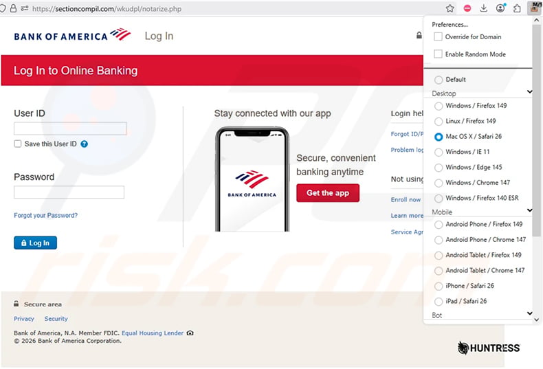 Phishing page targeting macOS users in the Bank Of America Account Update spam campaign