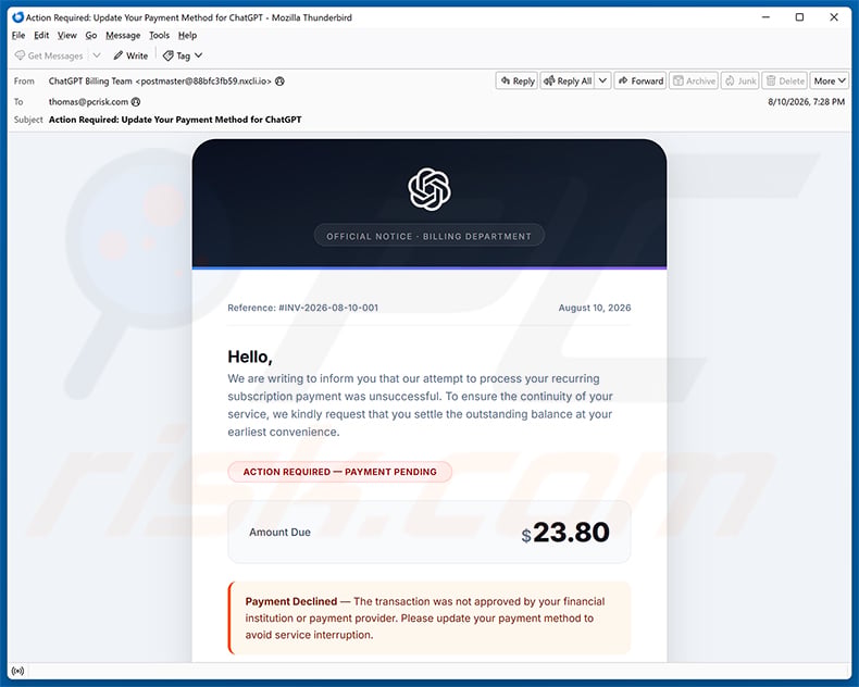 ChatGPT Payment Method Update Email Scam email spam campaign