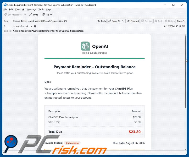 ChatGPT Payment Reminder scam email (GIF)