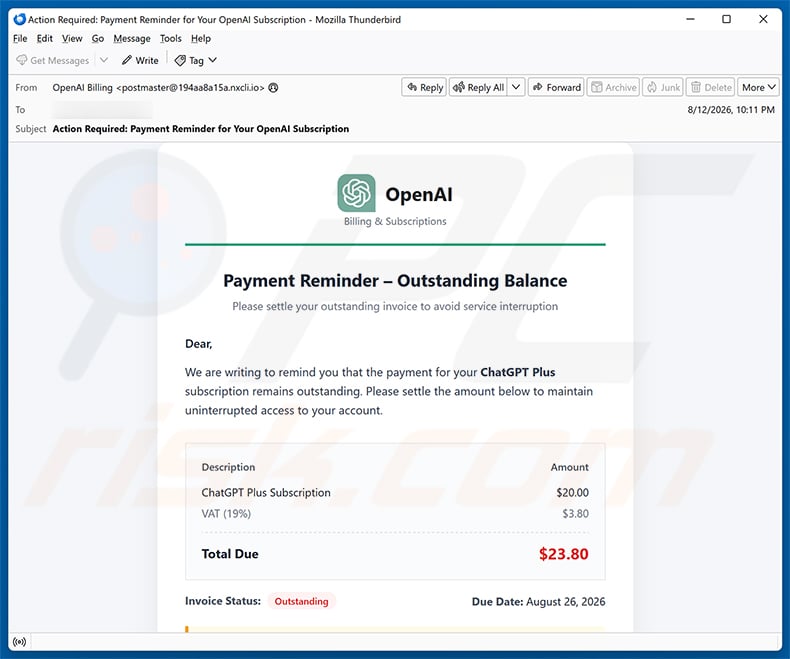 ChatGPT Payment Reminder Email Scam email spam campaign