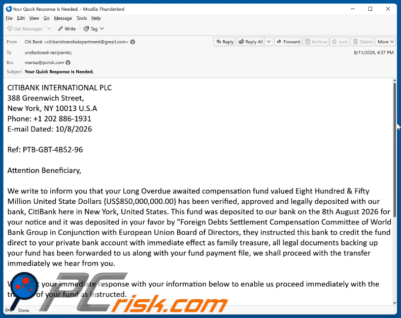 CitiBank Compensation Fund Deposit phishing scam (GIF)