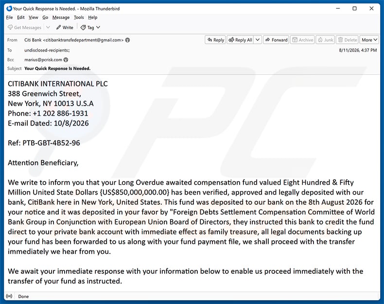 CitiBank Compensation Fund Deposit email spam campaign
