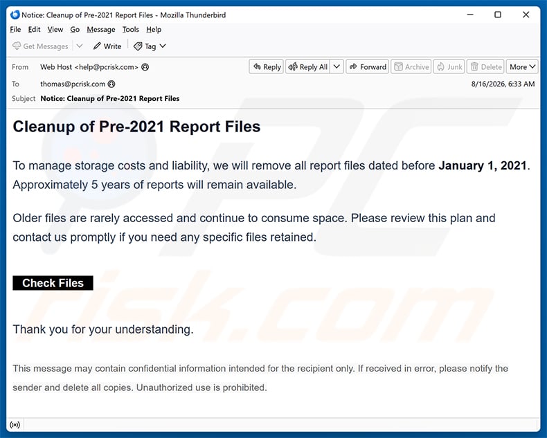 Cleanup Of Pre-2021 Report Files Email Scam email spam campaign