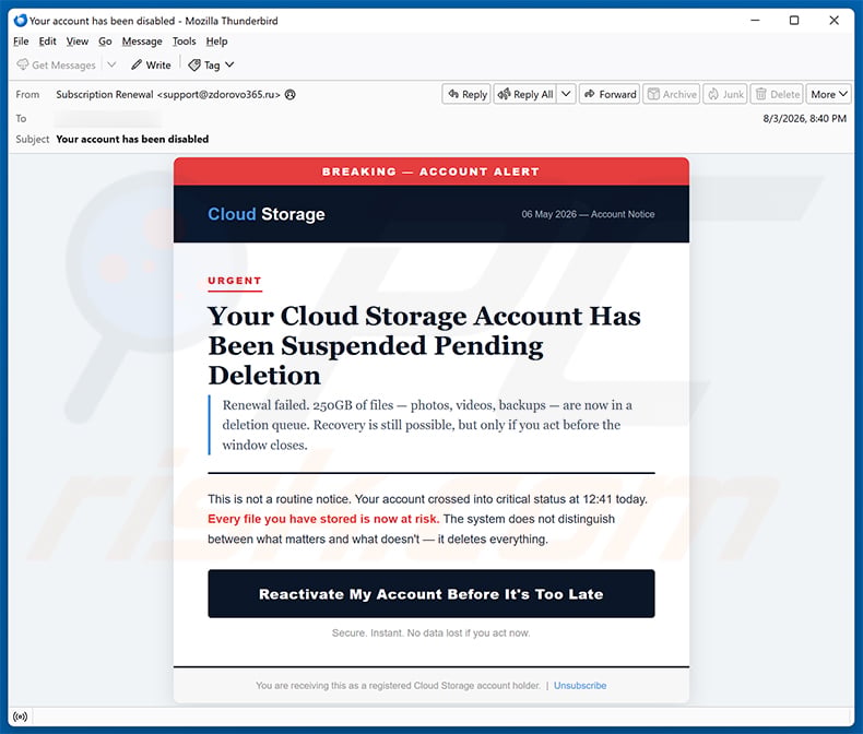 Cloud Account Scheduled For Deletion Email Scam (2026-08-05)
