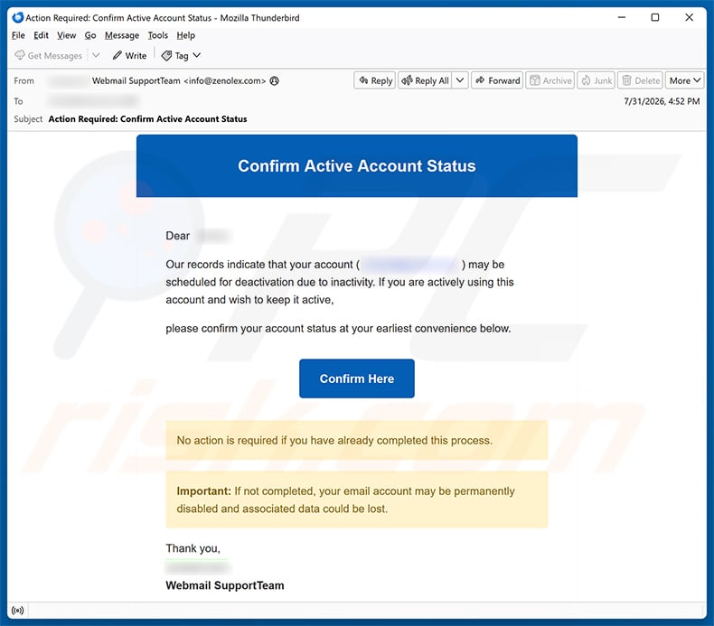 Confirm Active Account Status Email Scam spam campaign