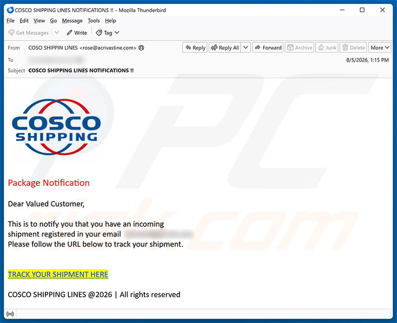 Cosco Shipping Package Notification Email Scam spam campaign