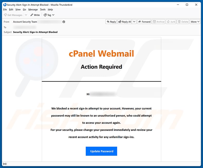cPanel Blocked Sign-In Attempt Email Scam email spam campaign