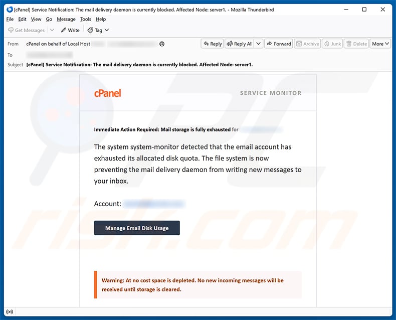 cPanel Disk Quota Exhausted Email Scam email spam campaign